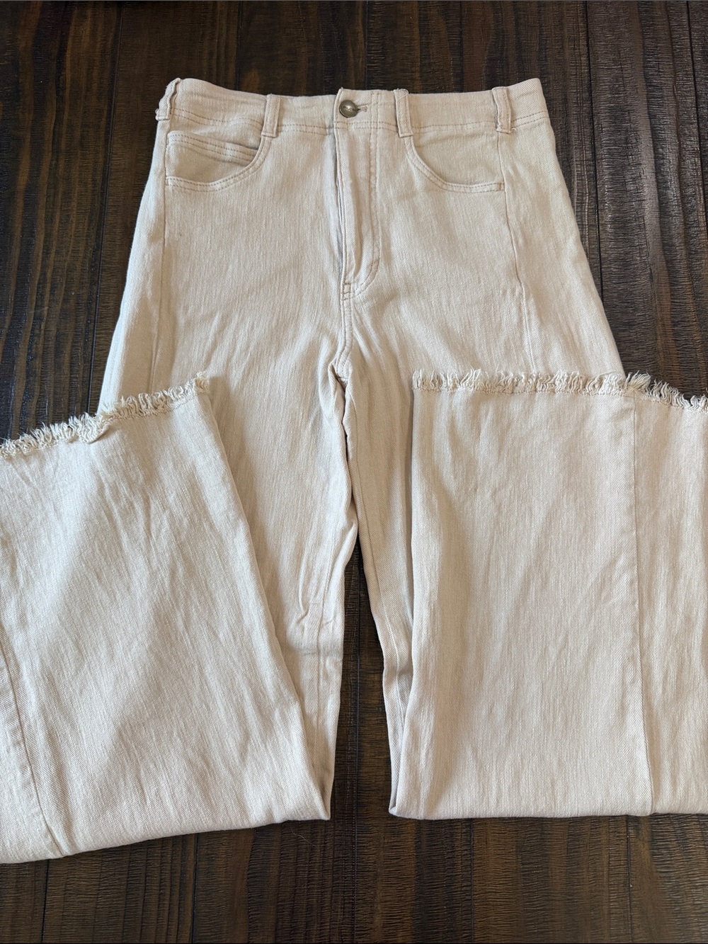 Linen Cream Wide-Leg Fringe Pants